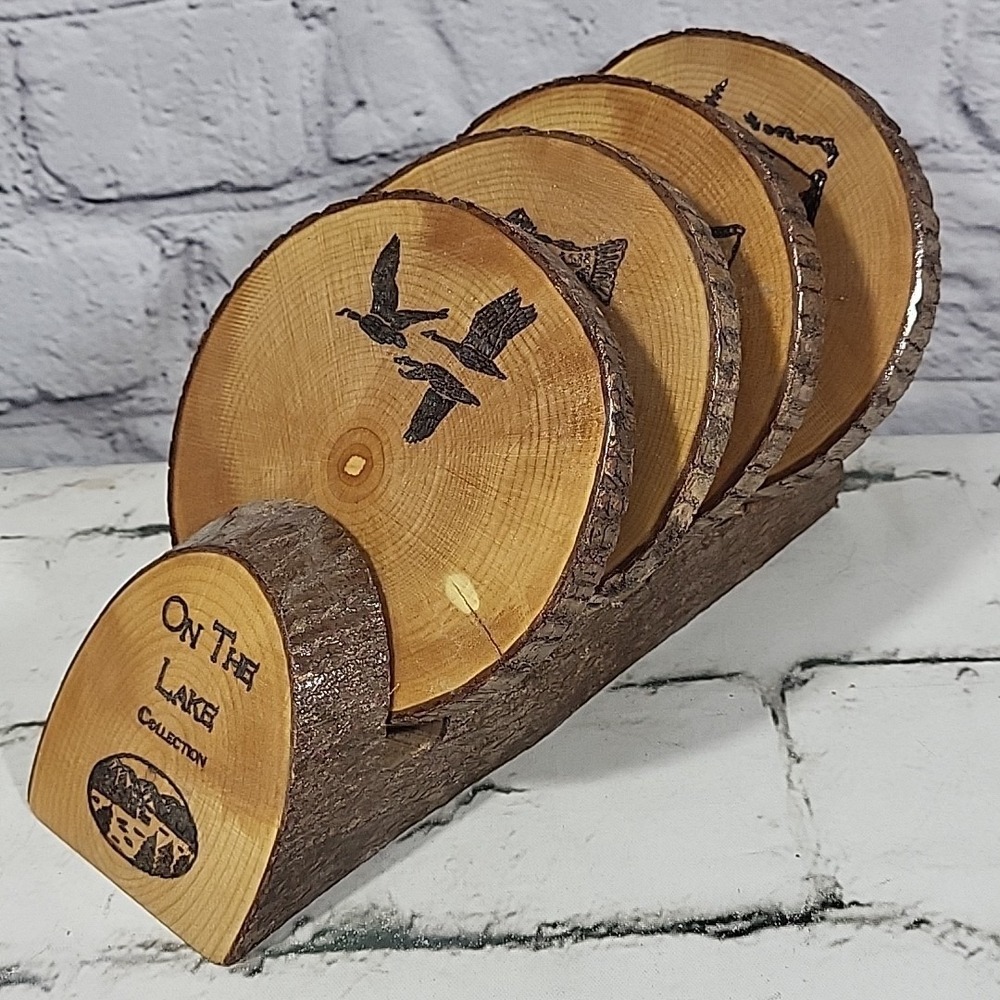 On The Lake Rustic‎ Wooden Coasters Log Slice Burned Etched Images Rustic Set 4